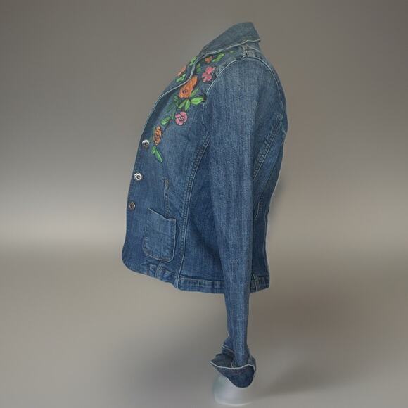E by ECI Tailored Jacket Blue Denim Embroidered Floral Collared Snaps Read Size - Picture 2 of 11